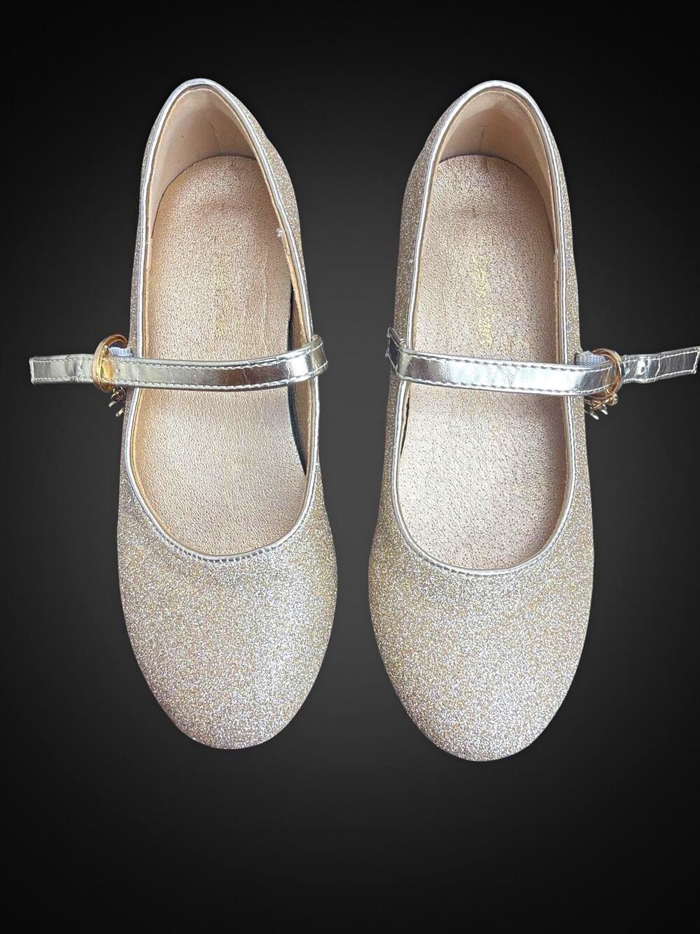 Girls Gold Glitter Mary Jane Flats Buckle Strap Round Toe Low Block Heel US 1